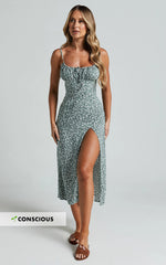 Willa Midi Dress - Ruched Bust Thigh Split Dress in Olive Floral
