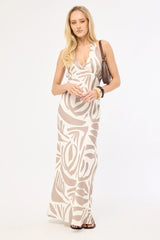 Perfect Stranger Shea Halter Maxi Dress Taupe Print