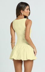 Izira Mini Dress - Boat Neck Drop Waist Shift Dress in Butter Yellow