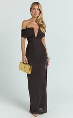 Alessia Maxi Dress - Off Shoulder Ruched Bodycon Dress in Chocolate