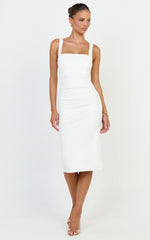 Tiffy Midi Dress - Square Neck Ruched Bodycon Dress in White