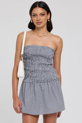 Luck & Trouble Frankie Shirred Mini Dress Navy Gingham
