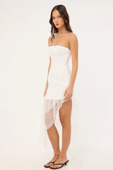 Luck & Trouble Malia Polka Strapless Asymmetrical Midi Dress White