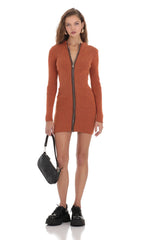 Front Zip Knit Dress in Orange