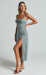 Willa Midi Dress - Ruched Bust Thigh Split Dress in Olive Floral