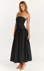 Louisa Midi Dress - Strapless Side Ruched Dropped Waist Fit And Flare Dress in Black