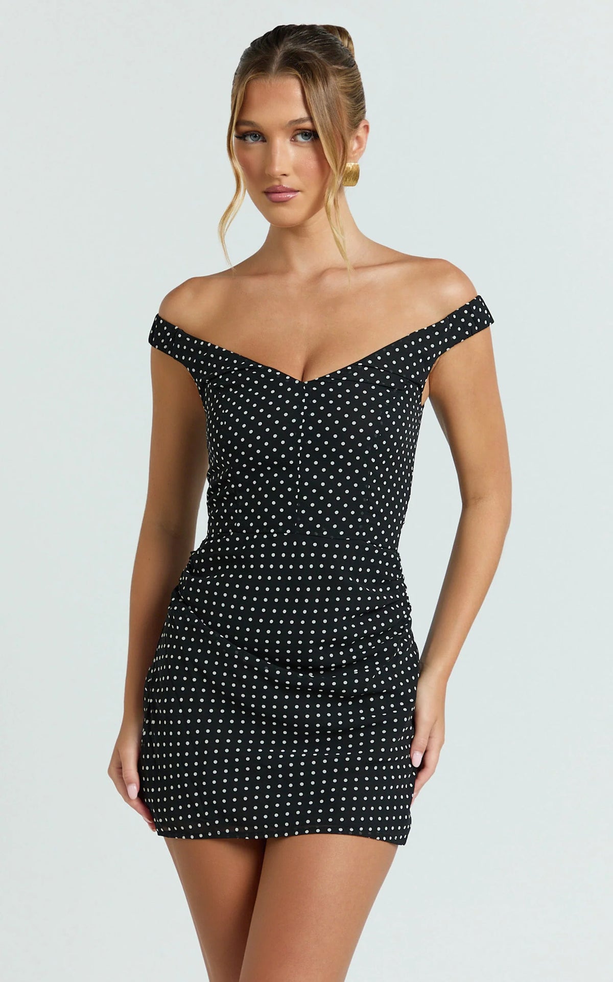 Charlie Mini Dress - Polka Dot Off Shoulder Gathered Dress in polkadot