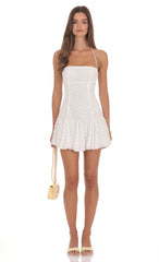 Embroidered Floral Flared Mini Dress in White