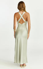 Khalani Maxi Dress - Deep V Neck Satin Slip Dress in Light Olive