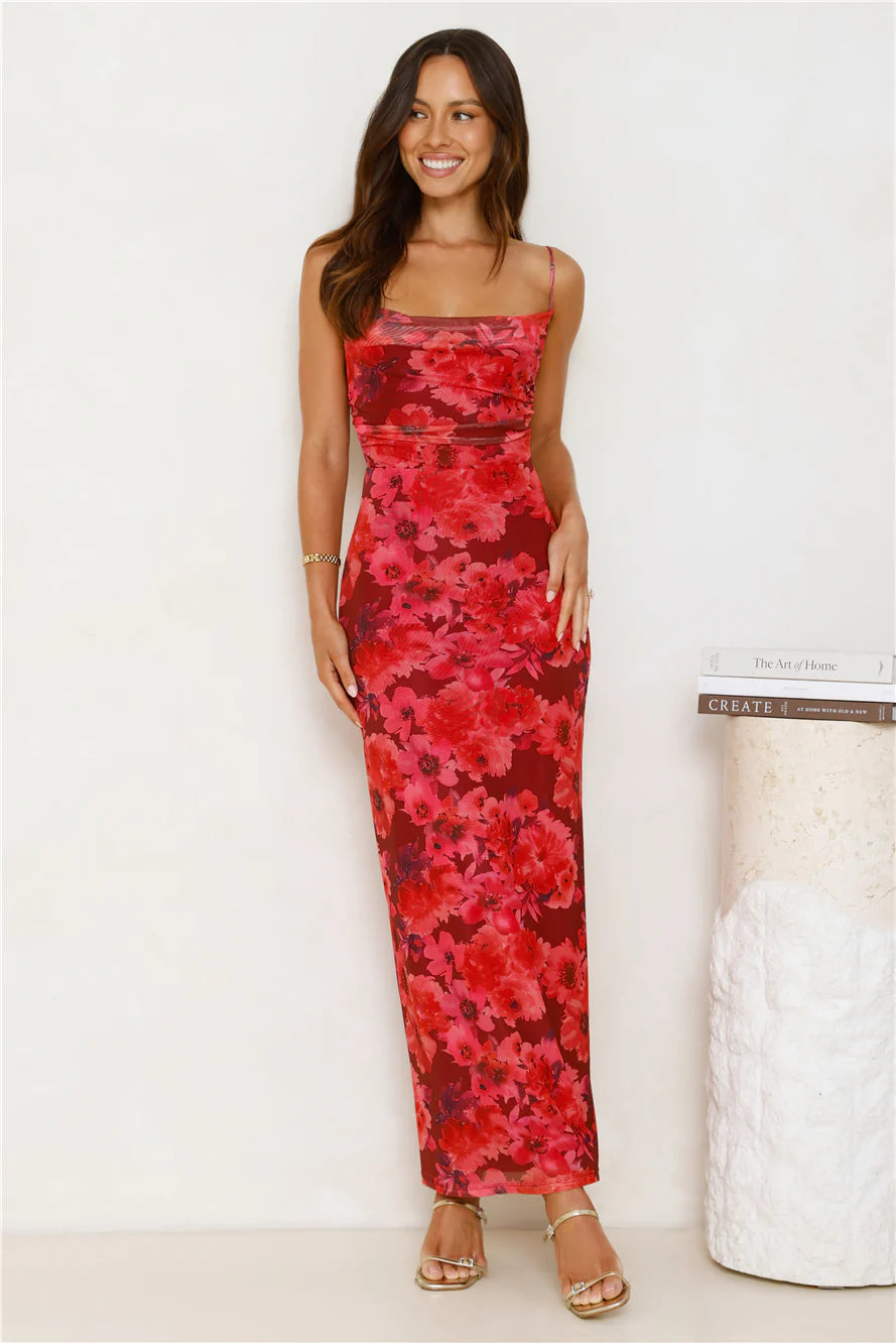 Fabulous Details Mesh Maxi Dress Red