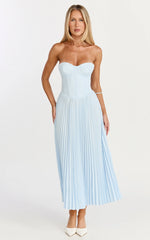 Loretta Midi Dress - Lace Up Back Bustier Pleated Dress in Light Blue